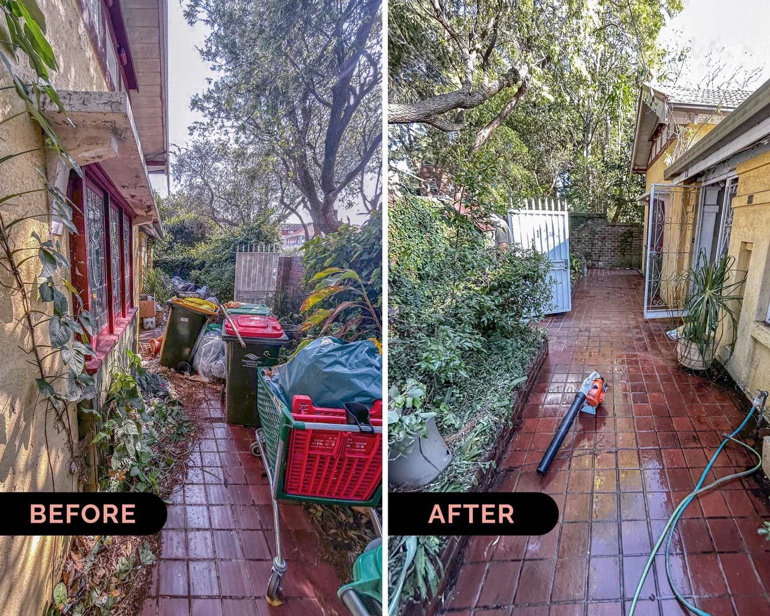 A garage before and after household rubbish removal